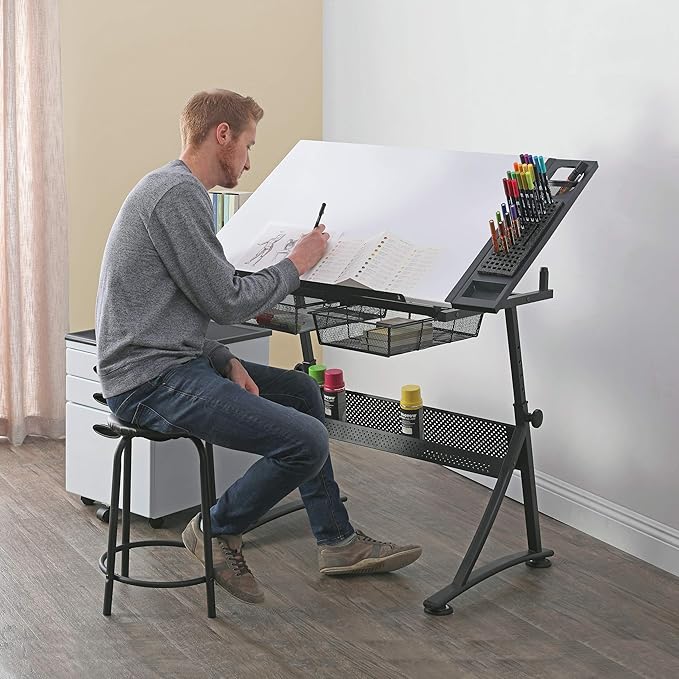 Fusion Drafting Table with Stool, Height Adjustable Desk with Tilt Top, Charcoal / White