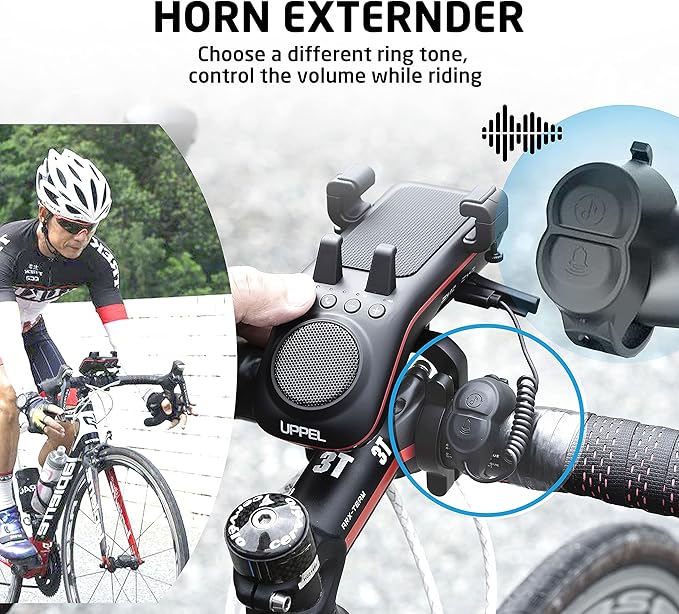 UPPEL Bluetooth Speaker Bicycle, Multifunctional Bike Phone Holder 10-in-1- LED Light - Bike Horn - Microphone - Ideal for Road & Mountain Bike (Black)