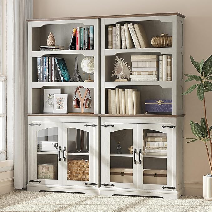 70 Inches Farmhouse Bookcase Bookshelf, Two-Tone Shelves, 5 Tier Bookshelf with Glass Door Storage Arched Trim, Home Office Living Room Storage Cabinet Unit (Distressed White & Walnut, Glass Doors)