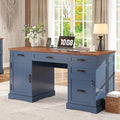 Whalefall 55'' Farmhouse Desk Home Office with Drawers, Executive Computer Desk Wooden with File Cabinet and Charging Station, Blue