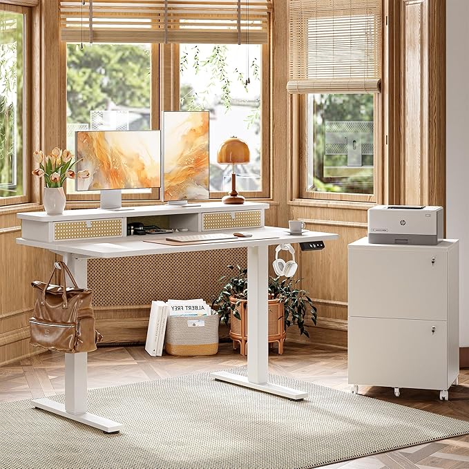 TIQLAB Standing Desk with Two Drawers, Stand Up Standing Desk Adjustable Height, Electric Sit Stand Table with Storage Shelf and Splice Board, 48 * 24 inch, White Wicker