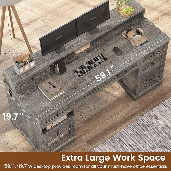 HAUOMS Farmhouse Executive Desk with Drawers Computer Desk with File Drawers, Power Outlet and Led Lights, Executive Office Desk with Storage Cabinet and Monitor Shelf for Home Office, Grey