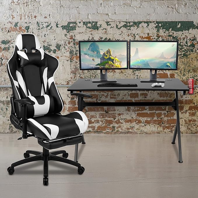 Flash Furniture Optis Black Gaming Desk and Black Footrest Reclining Gaming Chair Set with Cup Holder, Headphone Hook & 2 Wire Management Holes