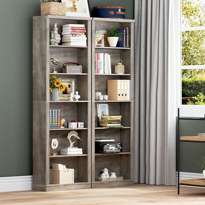 BORNOON 75" Tall Bookshelf, 6-Tier Floor Standing Bookcase with 2 Adjustable Shelves, 24" Wide Open Storage Shelf, Modern Display Organizer for Home Office, Living Room, Bedroom, Study