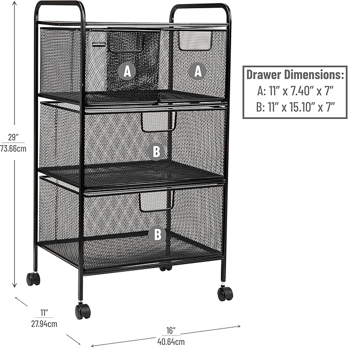 Mind Reader Cart with Drawers, Multipurpose Office Organizer, Utility Cart, Rolling Storage, Metal Mesh, Black