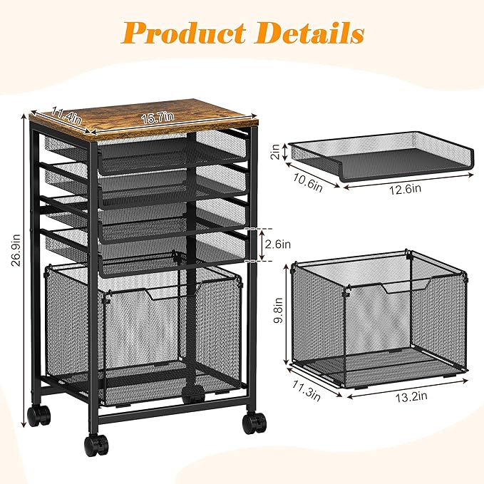 Feyejade Rolling File Cart 5-Tier, Under Desk Storage with Drawers, Filing Cabinet for Letter-Size File Storage, Sliding Metal Mesh Trays for Binder Storage, Office Storage & Organization for Teachers
