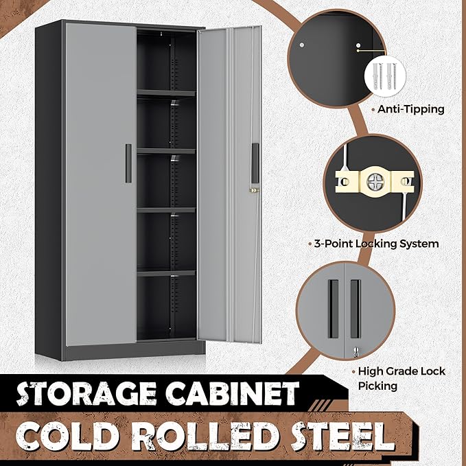 INTERGREAT Metal Lockable Storage Cabinet, 72” Storage Cabinet with 2 Doors and 4 Adjustable Shelves for Office, Home, Garage, Pantry (Assembly Required, Black Gray)