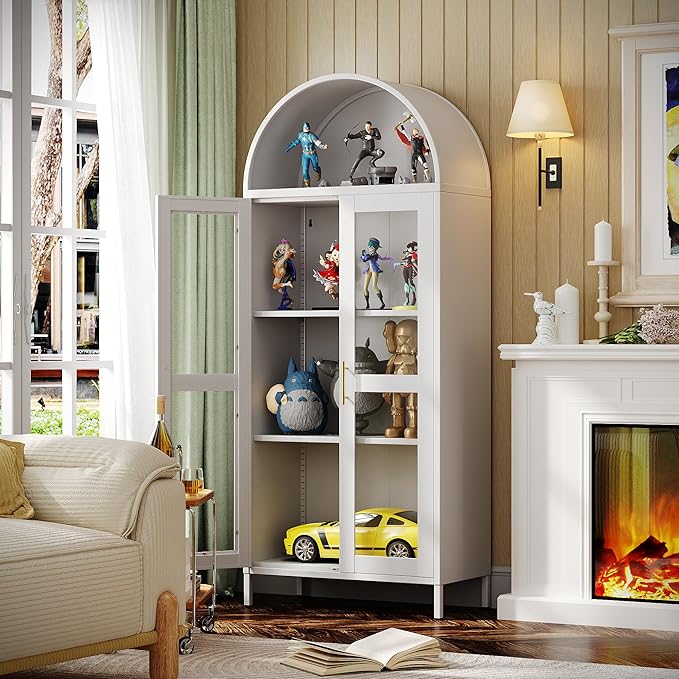 VEXPOR 73" Tall Arched Display Cabinet with Glass Doors, Metal Arched Curio Cabinet with 2 Adjustable Shelves for Living Room, Home Office, Assembly Required, White