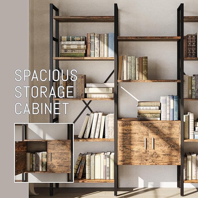 INNOD 70" Triple 5 Tier Book Shelf, Large Industrial Bookcase with Storage Cabinet, Tall Bookshelf with Open Display Shelves Furniture for Living Room Bedroom Home Office Rustic Brown