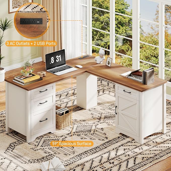 Vabches 59” L Shaped Executive Desk with Power Outlets, Farmhouse Home Office Desk with File Drawer,Storage Cabinet, Wood Corner Sturdy Writing Workstation.White