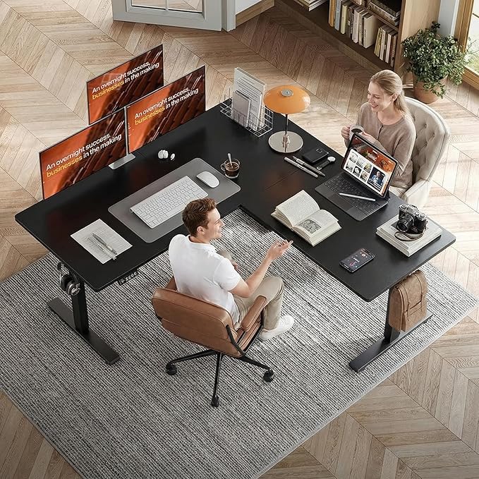 Grandder 63 x 55 Inch L Shaped Standing Desk, Electric Height Adjustable Corner Stand Up Desk, Sit Stand Corner Table Home Office Table, Black Top Black Frame