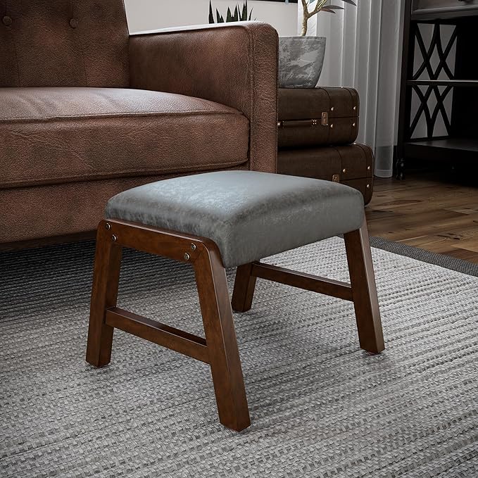 Small Footstool Ottoman, 11.8" H Fabric Wooden Foot Rest Ottoman with Wood Legs, Small Foot Stool Sofa Footrest Extra Seating for Living Room Entryway Office, Grey