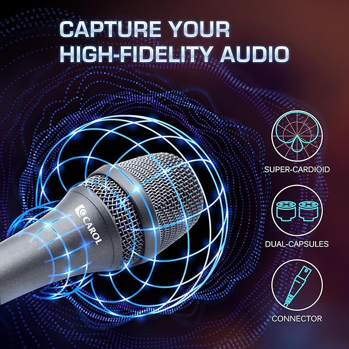 CAROL AC-900 XLR Wired Vocal Microphone – Dynamic Supercardioid Mic with Dual-Engine AHNC Noise Cancelling Tech for Singing, Karaoke, Stage & Studio, Includes Mic Clip & 14.8ft XLR Cable - Gray