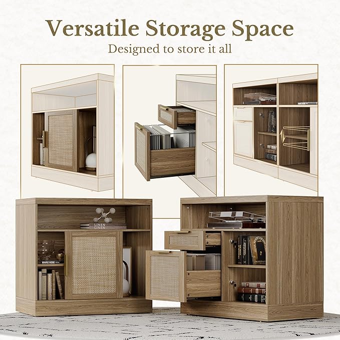 Home Office Furniture Set, 48'' Standing Desk with 73'' Bookshelf, Electric Height Adjustable Desk with 2 File Cabinet, Bookcase with Doors, Rattan Office Furniture Sets, Natural Oak