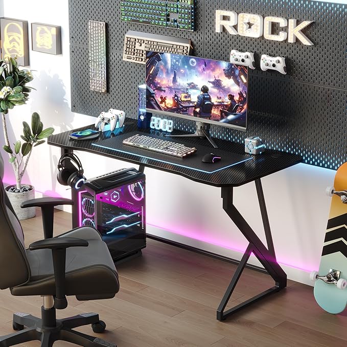 Grandder Gaming Desk Z Shaped 40 Inch Gamer Workstation, Home Computer Carbon Fiber Surface Gaming Desk PC Table with Headphone Hook, Carbon Fiber Black