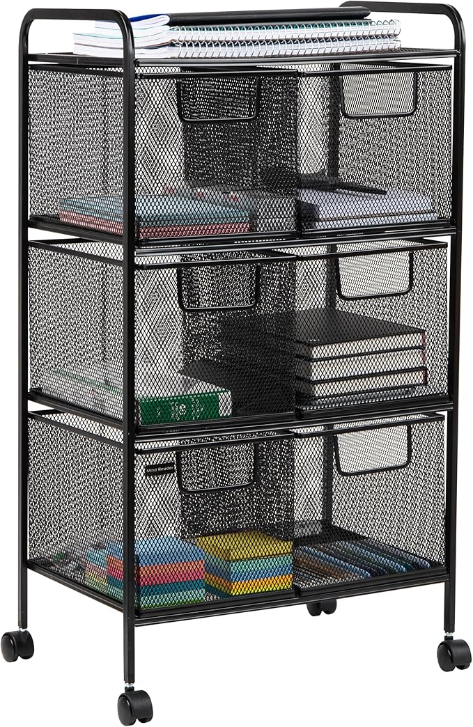 Mind Reader Multipurpose Rolling Cart with Drawers, Office Storage Organizer, Utility Cart, Metal Mesh, Black