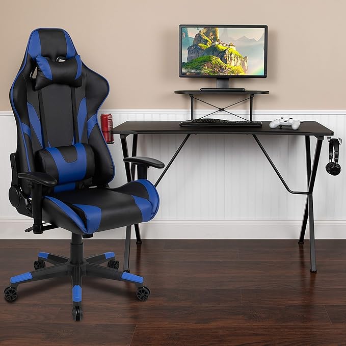 Flash Furniture Optis Black Gaming Desk and Blue Reclining Gaming Chair Set with Cup Holder, Headphone Hook, and Monitor/Smartphone Stand