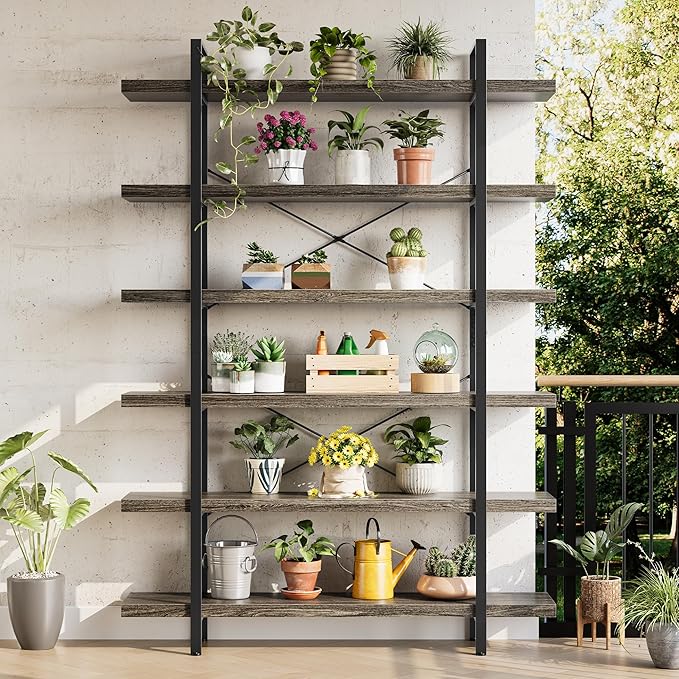 OtterOasis Bookshelf Set, Heavy Duty 6-Tier Industrial Bookcase, 47" Wide Wood Bookshelf for Home Office, 120lbs Shelf Capacity, Rustic Open Display with Horizontal Shelf for Living Room Bedroom, Grey