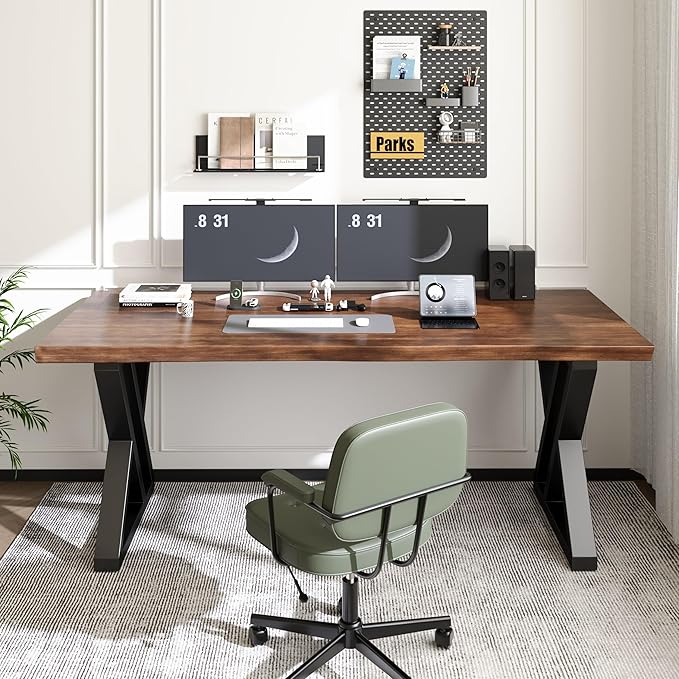 Solid Wood Desk 63 Inches, Live Edge Wooden Home Office Computer Desk Metal Frame Modern Simple Design Executive Real Wood Desk for Writing Study Dining Gaming