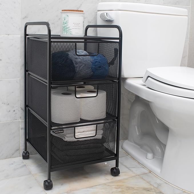 Mind Reader Office Storage Organizer with Mesh Drawers and Optional Wheels, Desktop and Under Desk Use, Metal Mesh, Black