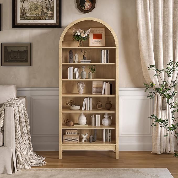 Wodeer Tall Arched Bookshelf, 7-Tier Bookcase with 3 Adjustable Shelves, Modern Farmhouse Storage Shelf for Living Room, Entryway, Office, 29.5" W x 70.1" H x 13.8" D, Natural Oak