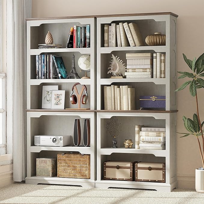 70 Inches Farmhouse Bookcase Bookshelf, Two-Tone Shelves, 5 Tier Bookshelf with Arched Trim, Home Office Living Room Storage Cabinet Unit, 31.5x11.8 Inches (Distressed White & Walnut, Open Shelf)