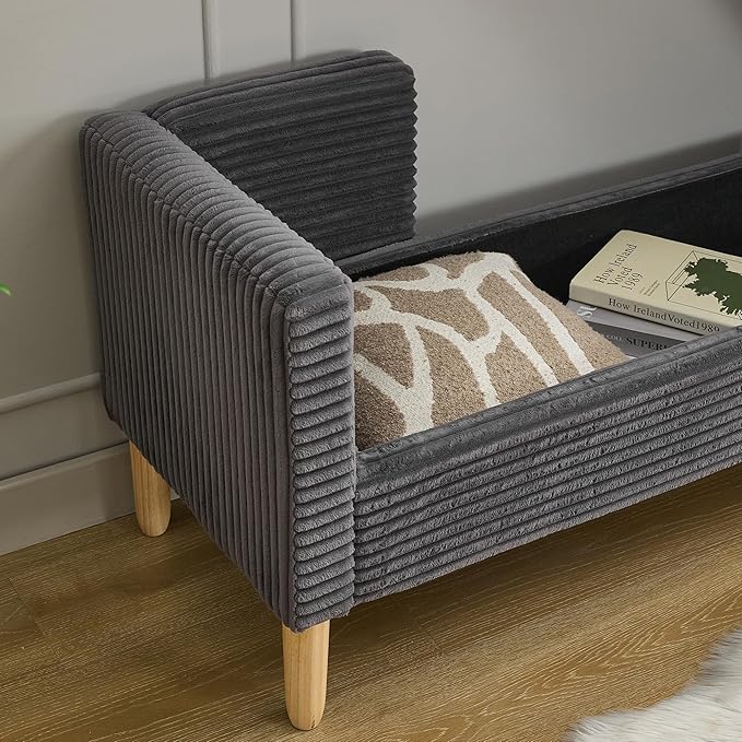65.35"Wide Upholstered Flip-top Storage Accent Bed Bench, Corduroy Footrest Ottoman with Armrests&Backrest&2 Bolster Pillows Wood Legs for Living Room, End of Bed, Hallway, Entryway Bedroom. Charcoa