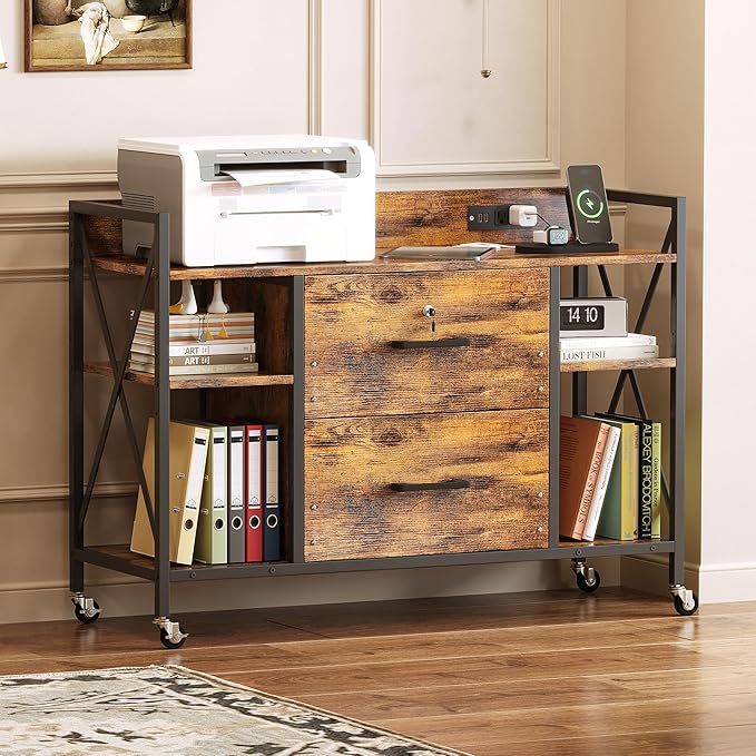 Office File Cabinet, 2 Drawer File Cabinets with Lock, Filing Cabinet with Power Outlets, Adjustable Shelves, Rolling Storage Cabinets for Home Office, Vintage