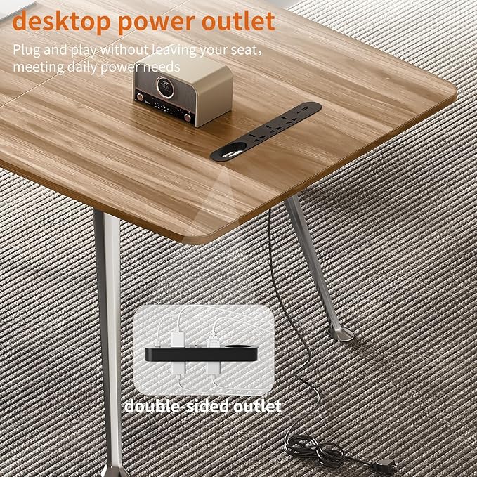 71-Inch Executive Desk, Computer Office Desk Workstation with Chrome-Plated Legs and Built-in Power Outlet, Writing Table Business Furniture, Modern Minimalist Style for Home Office, Light Brown
