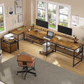 SEDETA U Shaped Desk, Reversible L Shaped Home Office Desk with File Drawer & Power Outlet, 101.5'' Computer Two Person Desk with Monitor Shelf, Keyboard Tray, Gaming Desk, Rustic Brown