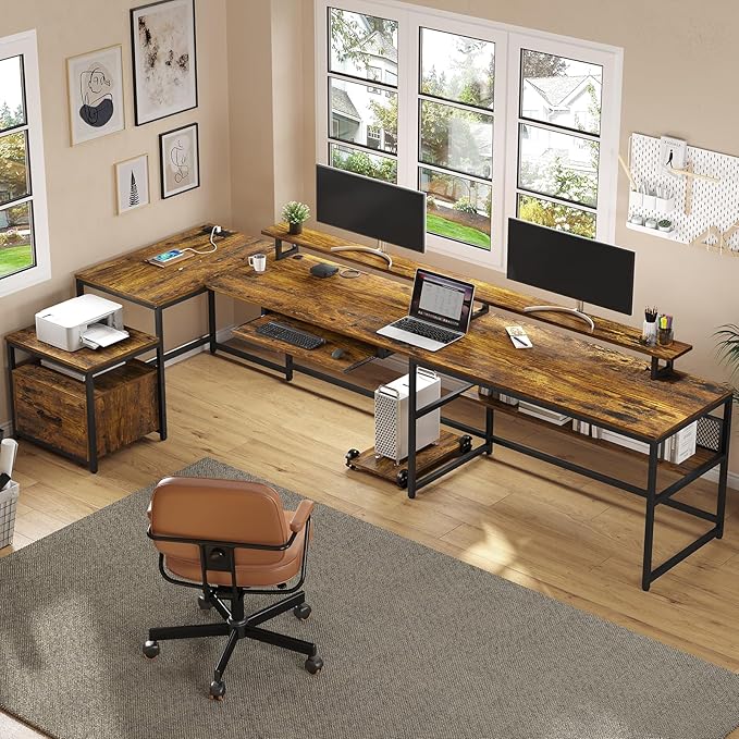 SEDETA U Shaped Desk, Reversible L Shaped Home Office Desk with File Drawer & Power Outlet, 101.5'' Computer Two Person Desk with Monitor Shelf, Keyboard Tray, Gaming Desk, Rustic Brown