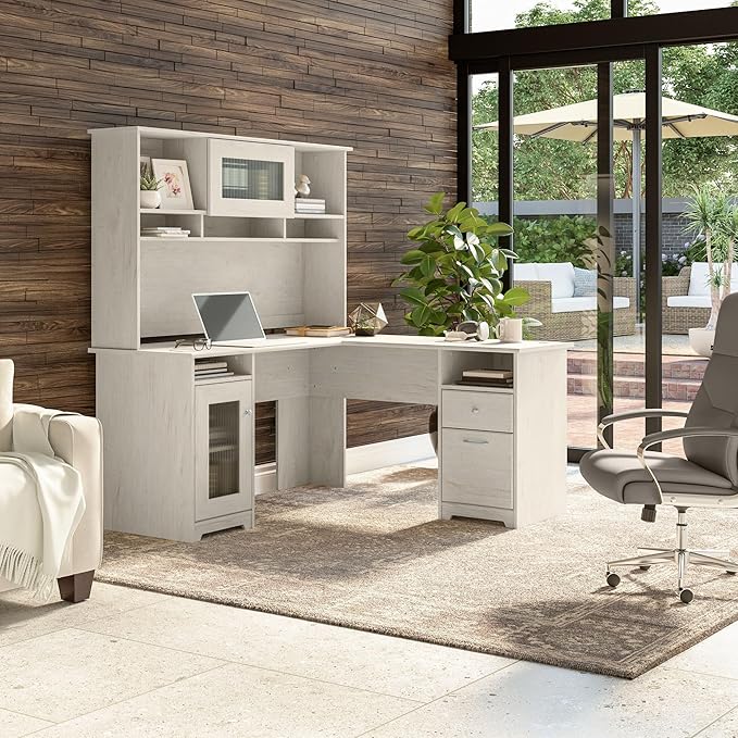 Bush Home Cabot L Shaped Desk with Hutch, Corner Desk with Storage for Home Office in Linen White Oak, 60W L Shaped Computer Desk