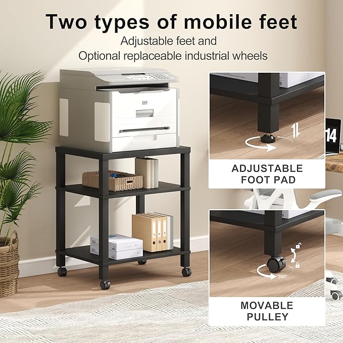 3-Tier Printer Stand with Wheels, Large Under Desk Rolling Cart for Office Storage, Heavy Duty Machine Stand with Adjustable Shelf, 22.04"x17.71"x26.54", Black
