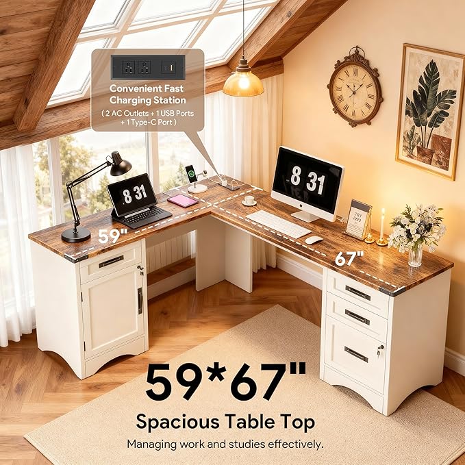 Decofy 67" Farmhouse L Shaped Standing Desk with Drawers Home Office Executive Desks with Fast Charging Station, Lockable File Cabinet, Wood Writing Computer Desk for Work, Study, White