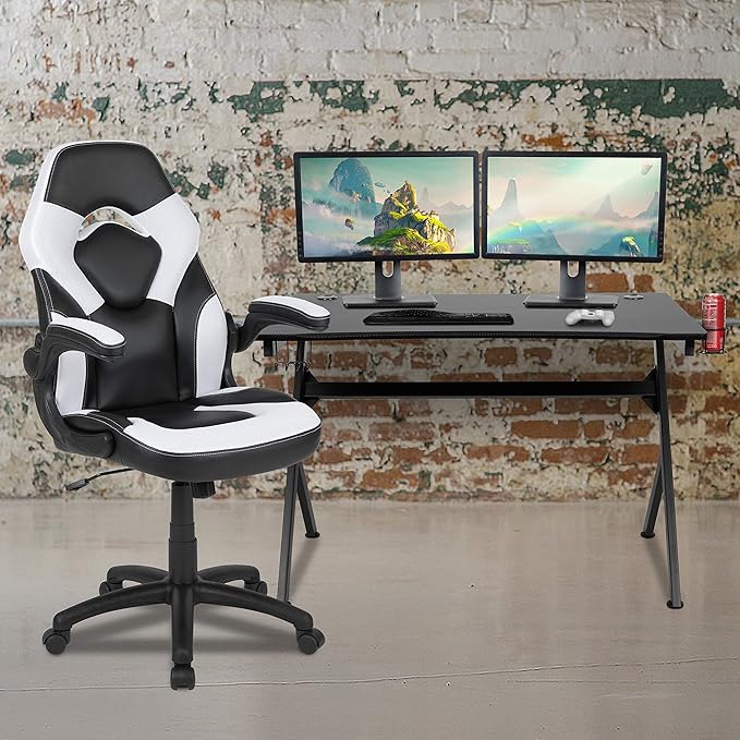 Flash Furniture Optis Black Gaming Desk and White/Black Racing Chair Set with Cup Holder, Headphone Hook & 2 Wire Management Holes