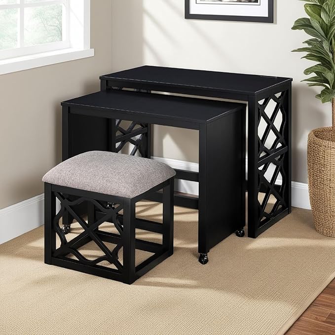 Benzara Syna 3 Piece Nesting Desk and Stool Set, Black Wood, Gray Polyester