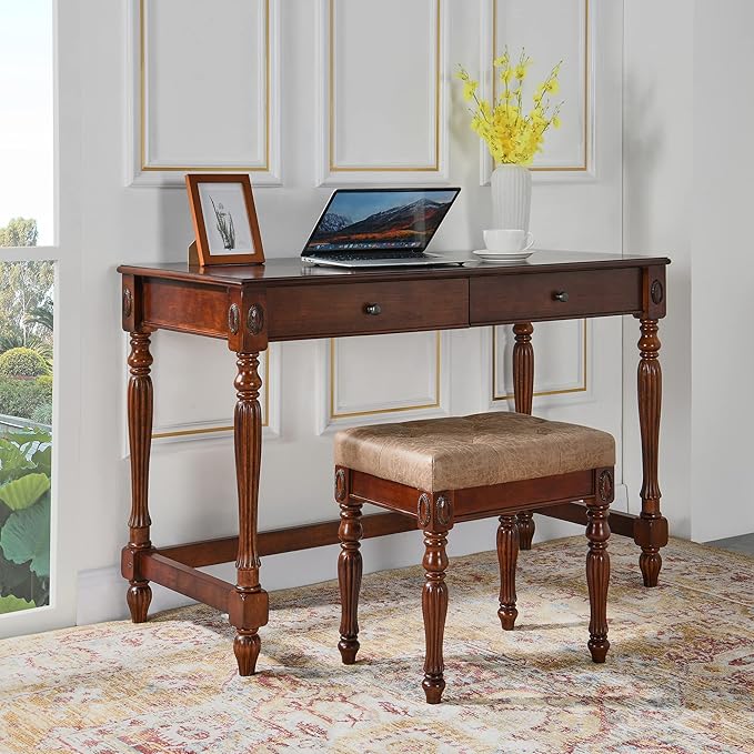 Vintage Wooden Writing Desk Stool Set, Large Secretary Desk and Cushioned Stool Set with 2 Drawers, 46" W Wood Writing Table Vanity Makeup Table Sets for Home Office-Cheery&Light Wheat