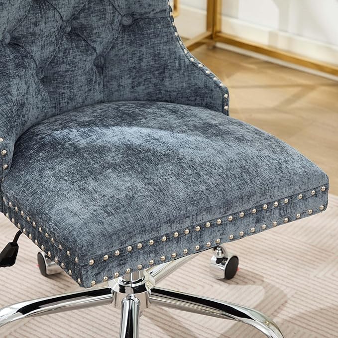 Goujxcy Desk Chair, Modern Chenille Upholstered Tufted Button Home Office Chair, 360° Swivel Armless Desk Chairs, 120°Rocking Ergonomic Computer Task Vanity Chairs, Light Blue