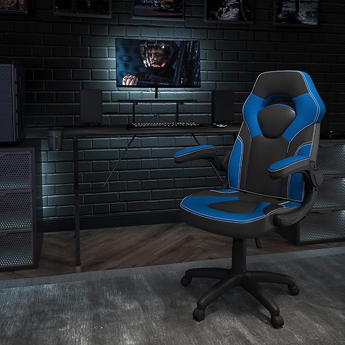EMMA + OLIVER Black/Blue Gaming Desk Set with Headphone Hook, and Monitor Stand