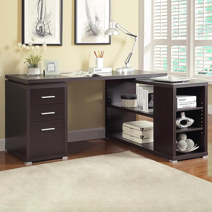 L-Shaped Computer Desk with 3 Drawers & 5 Shelves Cappuccino Brown Finish Solid Wood & MDF Corner Desk for Home Office 29.5H x 60W x 47.25D Workstation (1-Piece Set)