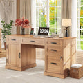 Whalefall 55'' Farmhouse Desk Home Office with Drawers, Executive Computer Desk Wooden with File Cabinet and Charging Station, Light Walnut