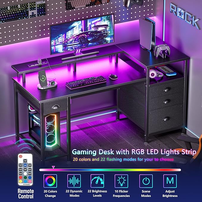 Furologee 52'' Gaming Desk with LED Lights and Power Outlets, Reversible Computer Desk with 4 Drawers, Fabric File Cabinet, Printer Space, Shelves and Monitor Stand for Home Office and Bedroom, Black