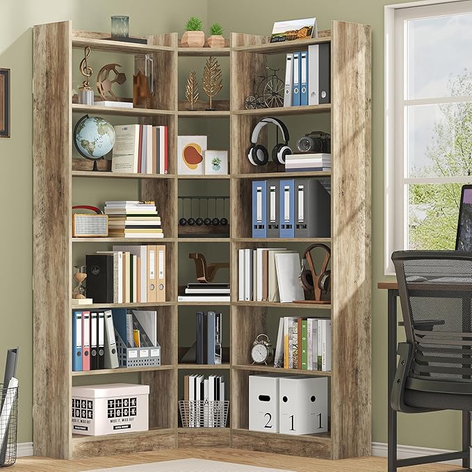 Semoic 70.8" Tall Corner Bookshelf, 7 Tiers Large Etagere Bookcases with Baffles, L-Shaped Modern Storage Display Rack Industrial Bookshelves for Bedroom, Home Office, Living Room & Kitchen, Brown