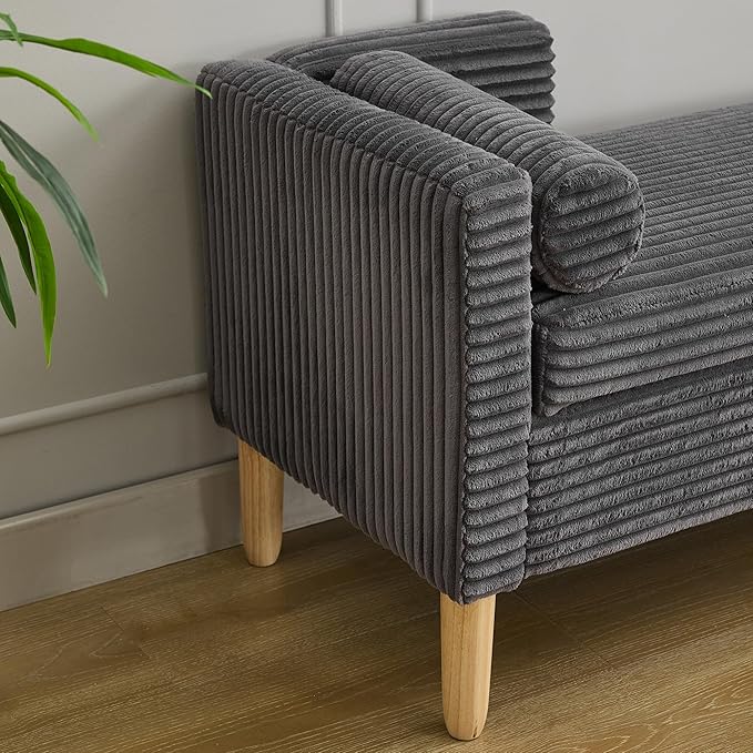 65.35"Wide Upholstered Flip-top Storage Accent Bed Bench, Corduroy Footrest Ottoman with Armrests&Backrest&2 Bolster Pillows Wood Legs for Living Room, End of Bed, Hallway, Entryway Bedroom. Charcoa