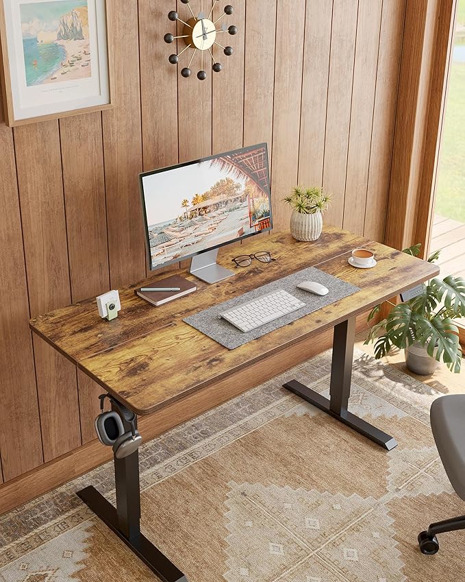 Cubiker Standing Desk, 63x28 Inches Sit Stand Home Office Desk, Electric Stand up Desk, Adjustable Desk with Splice Board, Black Frame/Rustic Brown Top