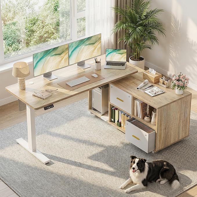 TIQLAB 61.4" x 47.2" L Shaped Executive Desk with Shelves & File Cabinet Sets, One Whole Piece Home Office Furniture with Drawers for Hanging File, Maple
