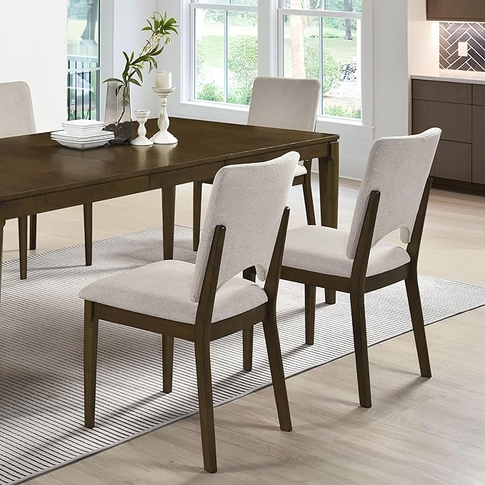 GOWE Contemporary 7pc Extendable Dining Set Table and 6X Upholstered Chairs Light Beige Self Storing Leaf Wooden Furniture Modern Contemporary Rectangle Tabletop Self-Storing Leaf