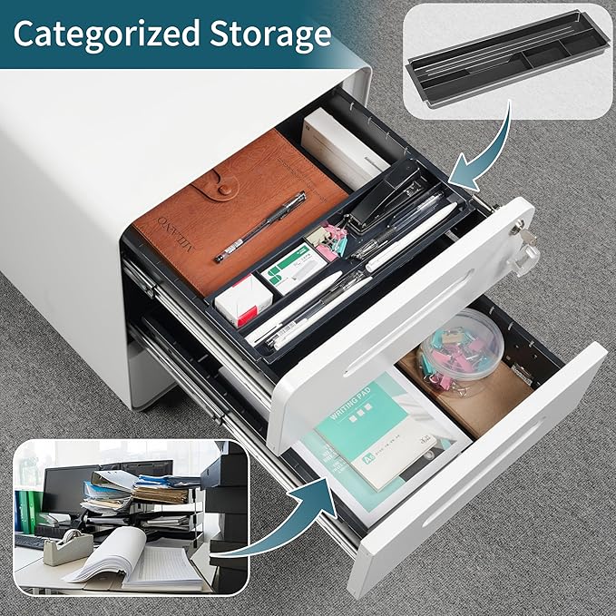 3 Drawer Under Desk Printer Stand with Lock, Mobile Rolling Printer Table for Home Office, Fully Pre-Assembled (Wheels Only to Attach), 4 Keys Included, White