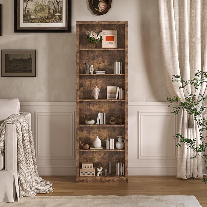 Wodeer Tall Bookshelf, 6-Tier Bookcase with 2 Adjustable Shelves, Modern Farmhouse Storage for Living Room, Entryway, Office, 23.6" W x 74.8" H x 10.6" D, Brown
