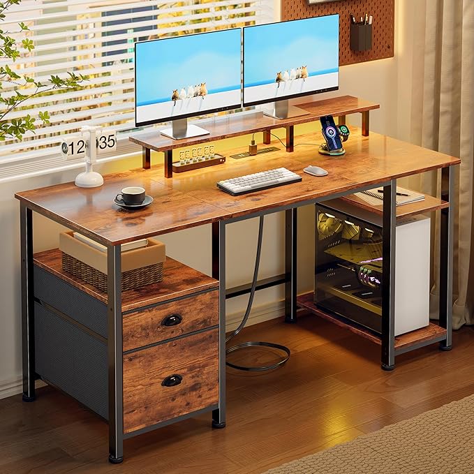 Furologee 51" Computer Desk with Power Outlet and LED Lights, Reversible Home Office Desk with File Cabinet & Monitor Stand, Large Gaming Table with Storage Shelves & Drawer, Rustic Brown